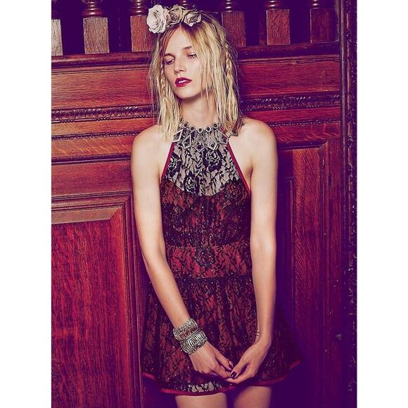 New Free People Wish Upon A Star Lace Dress RICH RED COMBO Retail $168 Size 2 - Picture 1 of 6